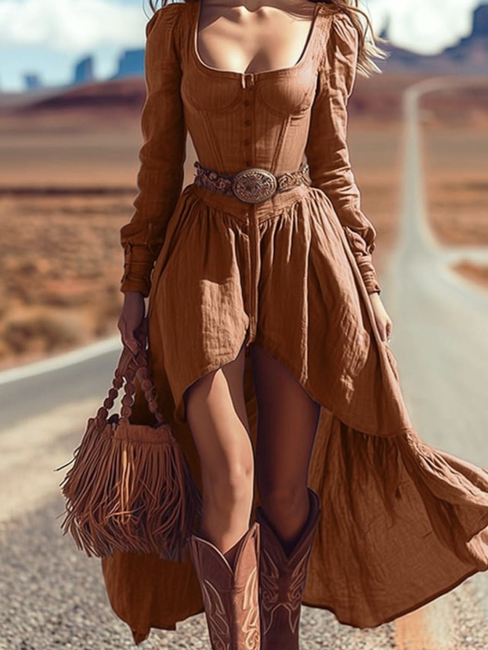 Women’s Rustic Brown Long Sleeve High-Low Maxi Dress - Picture 2 of 2